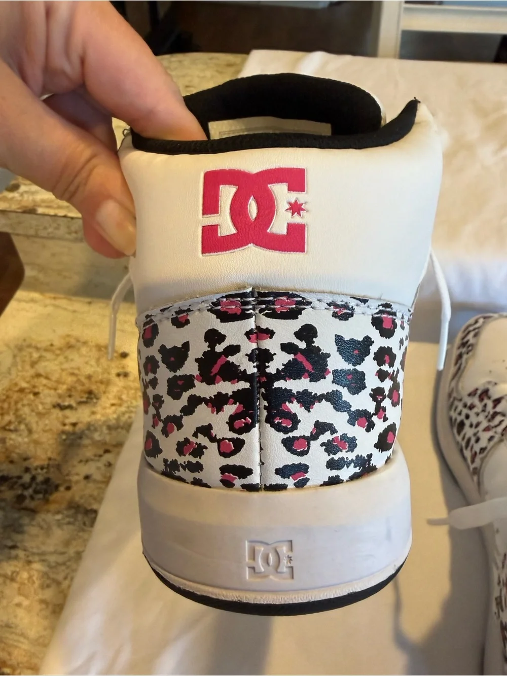 DC Cure Hi White High-Top Sneakers with Pink Leopard Accents